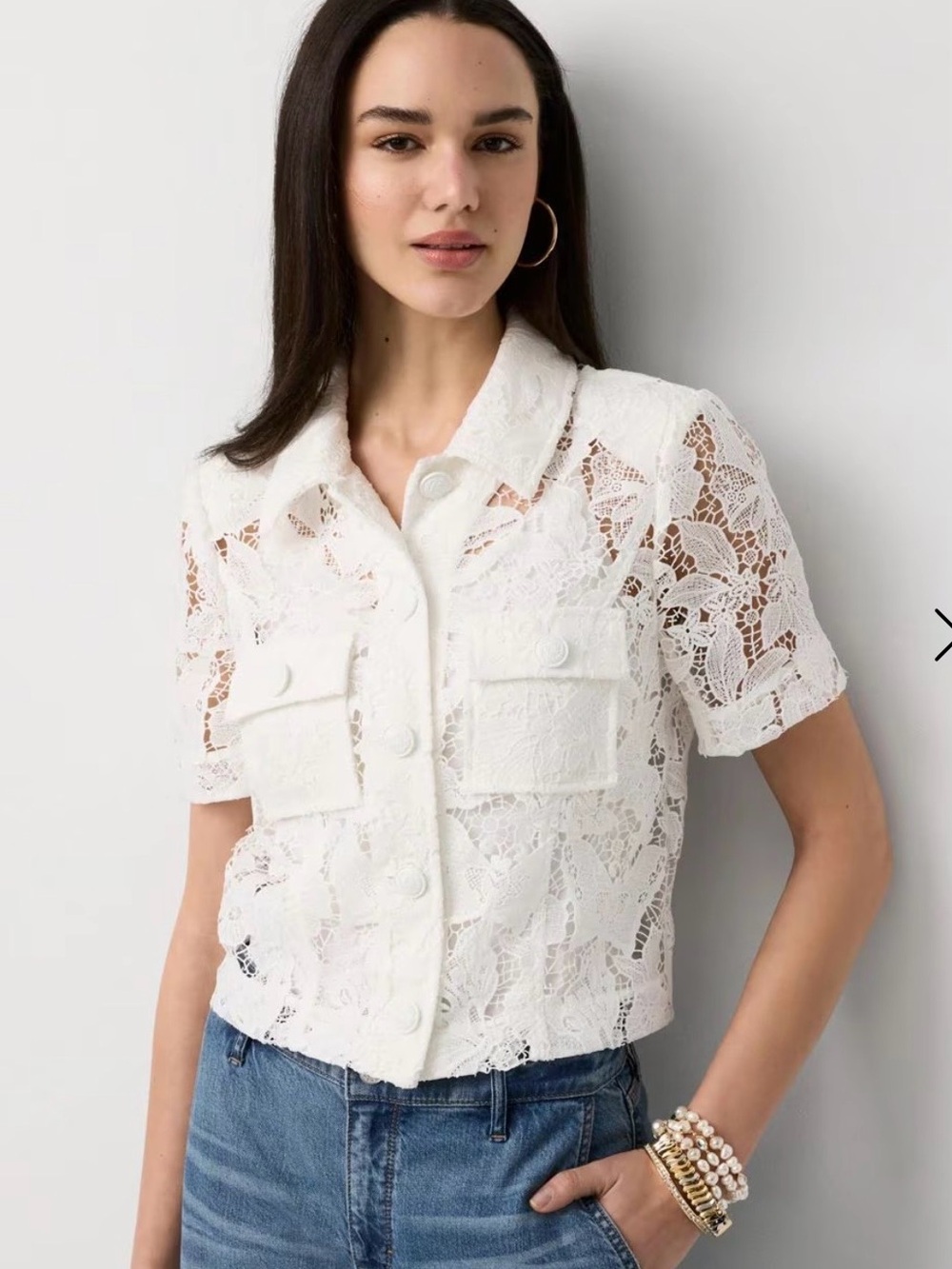 White House Black Market White Lace Short Sleeve Button Jacket